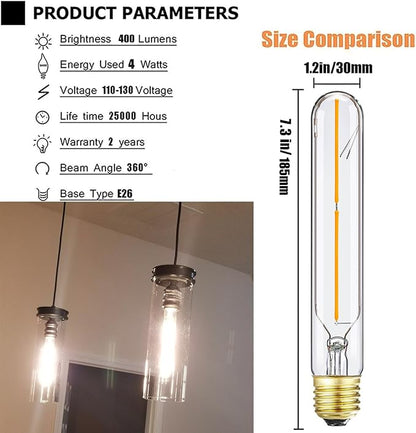 Tubular E26 LED Bulb 4W Equal 40 Watt Warm White 2700K E26 Edison AC120V 400lm Tube T9 T10 LED Light Bulb for Rustic Pendant,Chandeliers,Wall sconces 4Pack