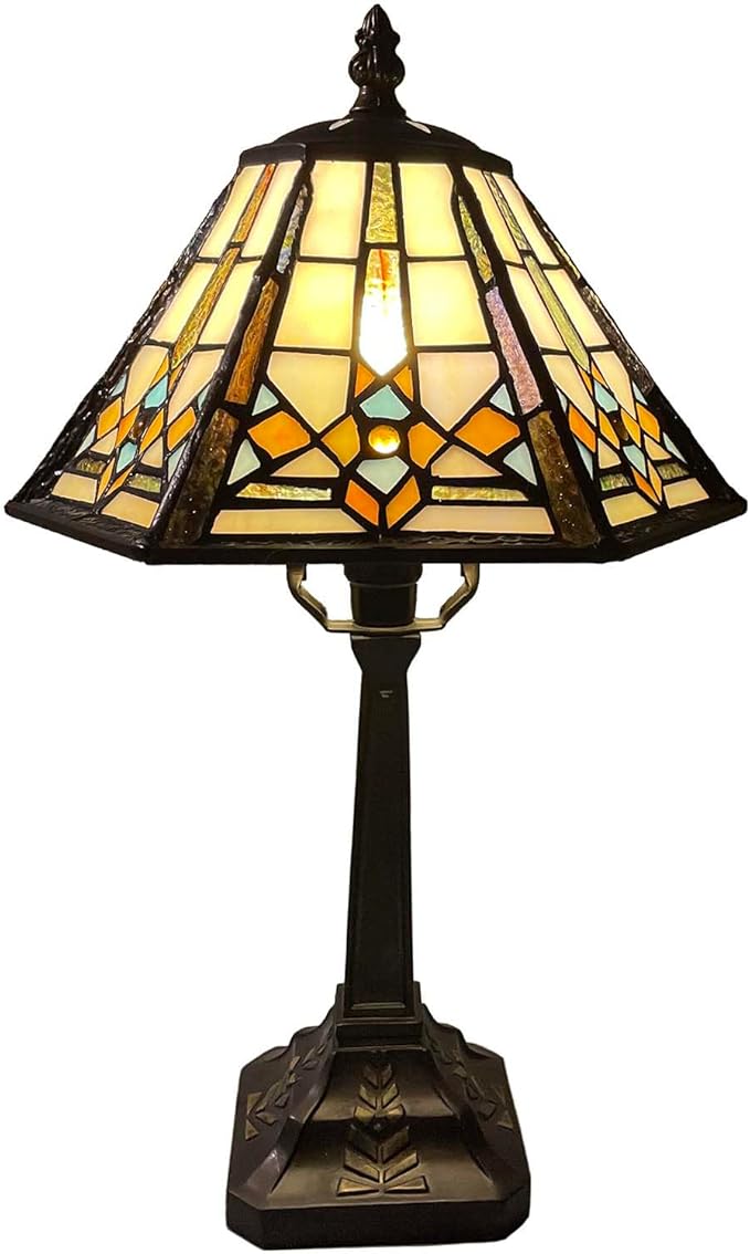 Bieye L10791 Mission Style Table Lamp Tiffany Stained Glass Night Light with Hexagonal Cone Lampshade, 10" W x 16" H