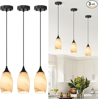 ANYLOVE Vintage Art Brown Stripe Pendant Lighting,3-Pack Hand Glass Hanging Light Fixture,Adjustable Cord for Kitchen,Hallway,Dining Room