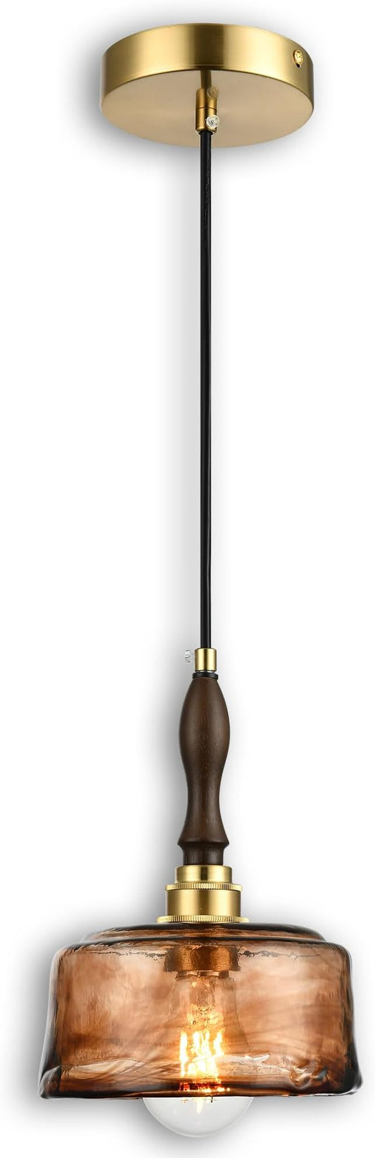 Modern Amber Glass Pendant Light, 6.7"x9.2" Round Hanging Fixture with Golden Wood Accent & Brass Cap, 15"-72" Adjustable Line, E26 Socket – Golden Amber Circle