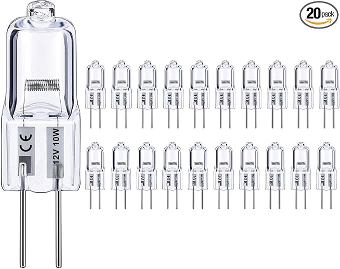 G4 Bulb, 20 Pack Halogen G4 12V 10W with G4 Bi-pin Base, High Output G4 Light Bulb 12V 150LM 3000Hrs Long Lifetime, G4 Dimmable, CRI100 & 2800K Warm White, G4 Halogen Bulb 10W for Cabinet Light Bulbs