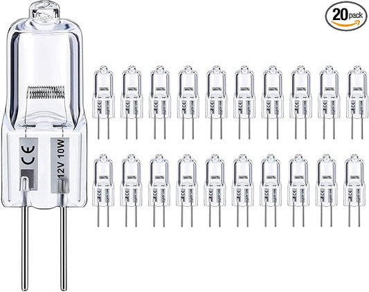 G4 Bulb, 20 Pack Halogen G4 12V 10W with G4 Bi-pin Base, High Output G4 Light Bulb 12V 150LM 3000Hrs Long Lifetime, G4 Dimmable, CRI100 & 2800K Warm White, G4 Halogen Bulb 10W for Cabinet Light Bulbs
