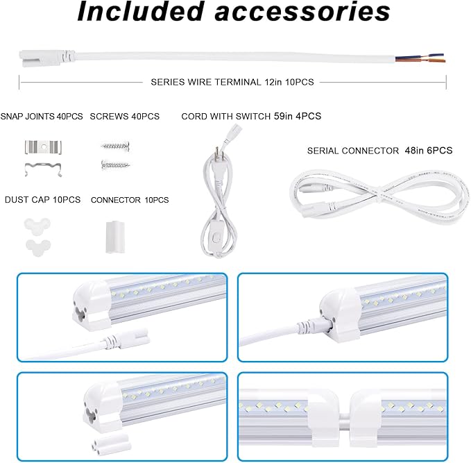 8 ft Led Shop Light Fixture 120W 14400 Lumens 6500K Cold White T8 V Shaped Integrated Led Tube Light 4 Rows Cooler Door Light, Warehouse Super Bright White Pack of 10