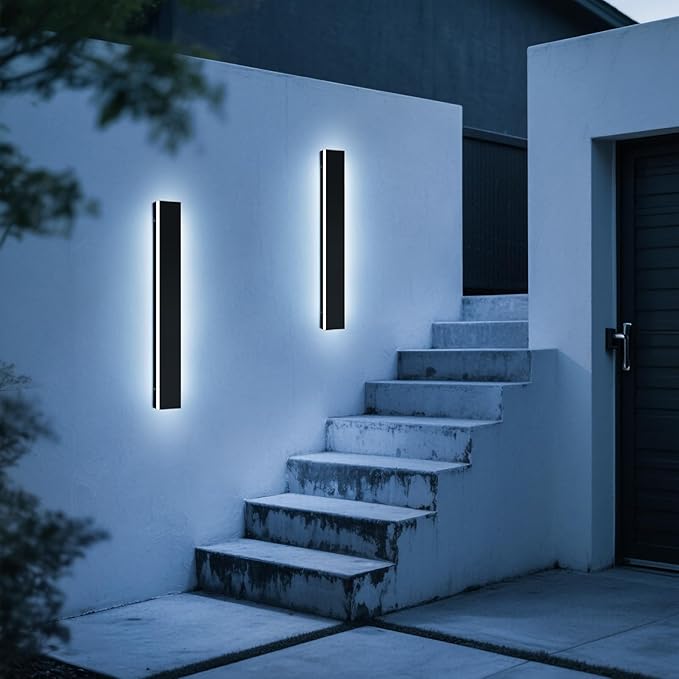 Upgrade Widened 2 Pack Long Modern Outdoor Wall Light, 31.4inch Dimmable 3000K-6000K LED Porch Wall Sconce, IP65 Waterproof, Outside Lighting Fixture for House, Yard, Fence with Remote Control
