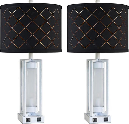 RORIANO 25" Set of 2 Farmhouse Table Lamps with USB C+A Ports, Rustic Retro Nightstand Lamps with White Night Light, Black Grid Shade, Desk Lamps for Bedroom Bedside, 4 Bulbs Included