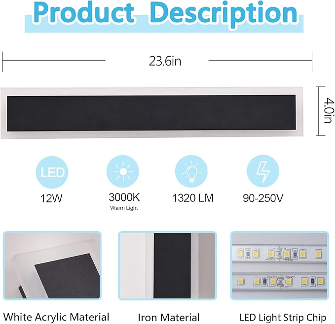 2-Pack Modern Outdoor Lights Led Exterior Light Fixture 23.6in Porch & Patio Light 3000-6000K Frosted White Acrylic Outdoor Sconce Watetproof Suitable for Garage Entry House