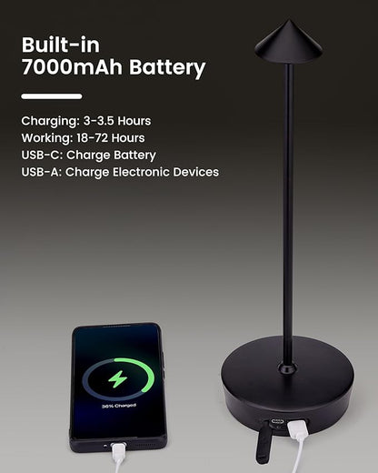 Cordless Led Table Desk Lamp 2 Pack, 7000mAh Battery Outdoor Table Light Waterproof for Restaurant Patio Camping Home Decor, USB-A Output, Brightness Memory, Dimmable
