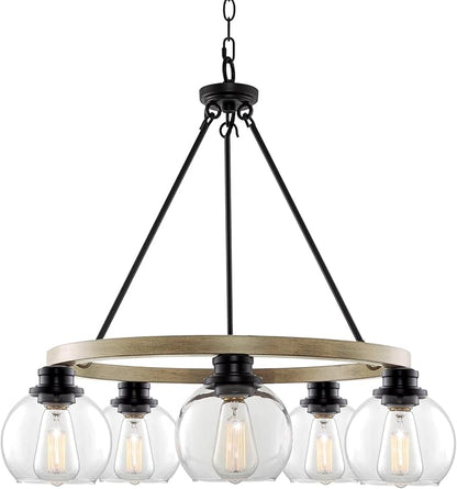 Kira Home Elwood 25" 5-Light Industrial Rustic Farmhouse Wagon Wheel Chandelier + Clear Glass Globe Shades, Smoked Birch Finish