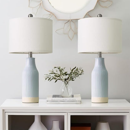 23.75inch Light Blue Modern Ceramic Bedside Lamp Set of 2 for Bedroom Decor Farmhouse Table Lamp for Living Room Office Dorm