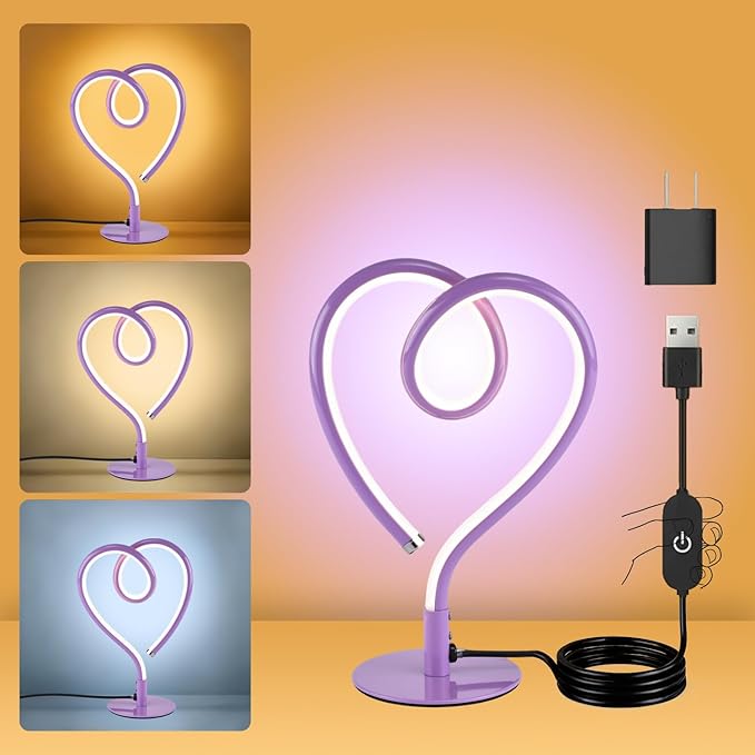 Purple Desk Lamp – 3CCT 2700K 4000K 6500K Stepless Dimmable Heart Lamp, Touch Control Aluminum Table Light with USB Adapter for Bedroom,Bedside,Nightstand