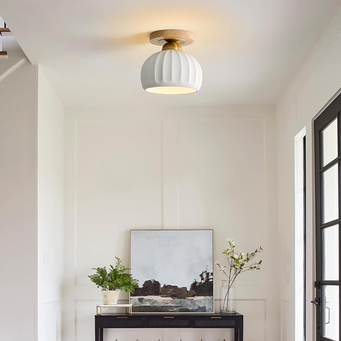 Ceramic Semi Flush Mount Ceiling Light - 2 Pack, Vintage Wood Gold Hallway Light Fixtures, White Globe Ceiling Lights,Mid Century Small Chandelier Light Fixture for Cottage Entryway Laundry Room Foyer