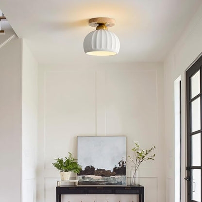 Ceramic Semi Flush Mount Ceiling Light - 2 Pack, Vintage Wood Gold Hallway Light Fixtures, White Globe Ceiling Lights,Mid Century Small Chandelier Light Fixture for Cottage Entryway Laundry Room Foyer