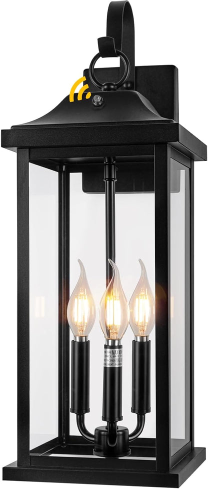 23” Dusk to Dawn Outdoor Lighting Extra Large 1 Pack, 3-Light Candelabra Front Porch Light with Photocell Sensor Outside Wall Sconce Modern Exterior Lighting Fixture Carriage Light, E12