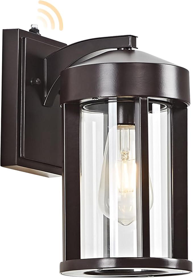 Dusk to Dawn Outdoor Wall Lights Fixture with Photocell Sensor, Modern Geometric Industrial Coffee-Bronze Exterior Wall Sconce, Waterproof Anti-Rust Outside Porch Light for House Patio Entryway Garage