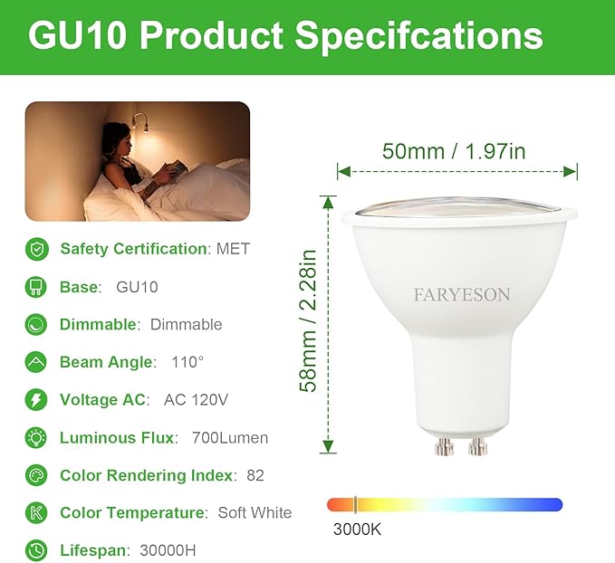 Dimmable GU10 LED Light Bulbs - 5W, Soft White (3000K), 700 Lumens, Wide 110° Flood Beam, Great for Recessed and Track Lighting in Kitchens, Living Rooms, and Bedrooms, 12-Pack