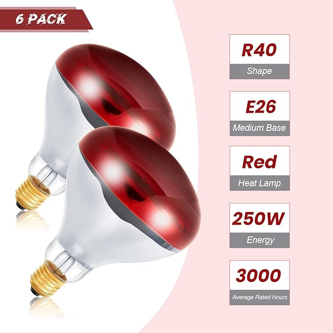Treela 6 Pcs 110V 250W Red Infrared Bulbs Medium E26 Base, Red Heat Lamp Flood Light Bulbs Heat Light for Bathroom Chickens Brooder Pets