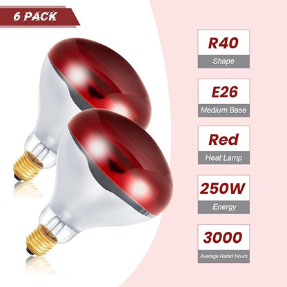 Treela 6 Pcs 110V 250W Red Infrared Bulbs Medium E26 Base, Red Heat Lamp Flood Light Bulbs Heat Light for Bathroom Chickens Brooder Pets
