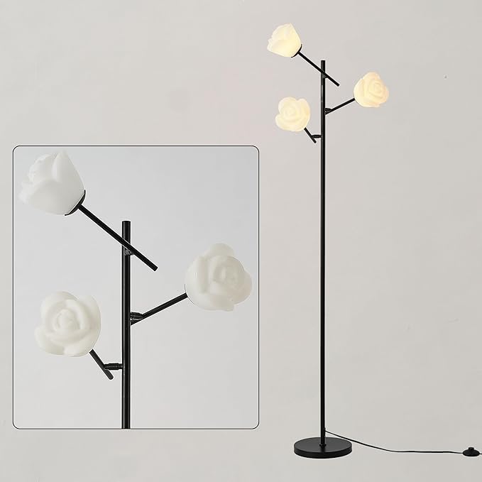 Fiqevs Tree Floor Lamp for Living Room, 3 Head Flower Standing Lamp with Adjustable Lampshade, Bulbs Included, Black LED Sputnik Mid Century Modern Tall Reading Lamp for Bedroom, Office