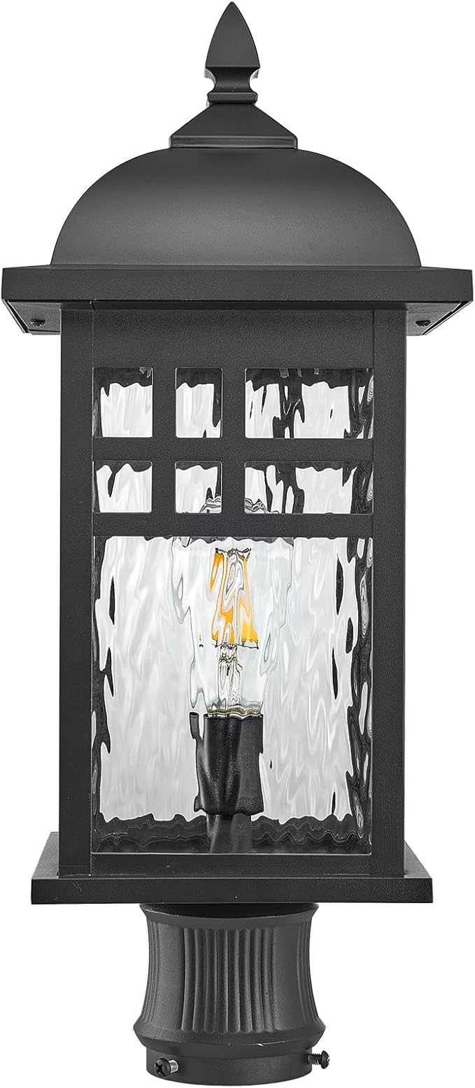 Outdoor Post Lights Black Exterior Pillar Lamp Aluminum Lamp Body and Water Ripple Glass Shade 22 Inch Height Outdoor Post Lighting Fixture for Yard Pathway and Driveway