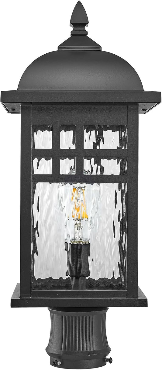 Outdoor Post Lights Black Exterior Pillar Lamp Aluminum Lamp Body and Water Ripple Glass Shade 22 Inch Height Outdoor Post Lighting Fixture for Yard Pathway and Driveway