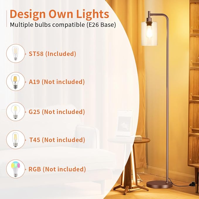Floor Lamps for Living Room - Industrial Standing Lamp with Glass Shade, Modern Floor Lamp with LED Bulbs, Farmhouse Floor Lamp for Bedroom, Tall Lamp for Office - Brown