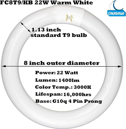 FC8T9/KB 22W Round Light Bulb, 8 Inch T9 22 Watt Circular Fluorescent Light Bulbs, Replacement Circline Fluorescent Lamp, Warm White 3000K 1400 Lumens, G10q 4 Pin Prong, 2 Pack