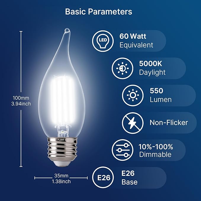FLSNT 5000K Daylight LED Chandelier Edison Bulbs, 60W Equivalent, Dimmable CA11 E26 Base LED Candelabra Bulbs, 550LM, 6 Pack UL,CA65 Listed.