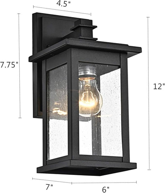 MICSIU 2 Pack Outdoor Wall Sconce, 12 Inch Black Exterior Light Fixtures with Clear Seedy Glass, Metal Outside Lights for House, Porch, Garage.