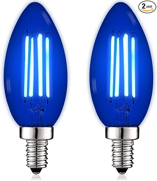 LUXRITE E12 LED Filament Blue Light Bulb, 4.5W (40W Equivalent), Colored Glass Candelabra Bulb, UL Listed, E12 Base, Indoor Outdoor, Porch, Decoration, Party, Holiday, Event, Home Lighting (2 Pack)