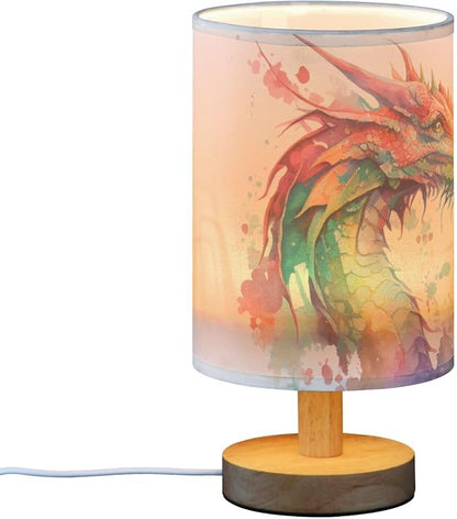 Bedside Lamp Watercolor Dragon Table Lamp for Bedroom LED Nightstand Lamp Shade USB Ports Wood Base for Living Room Dorm Office