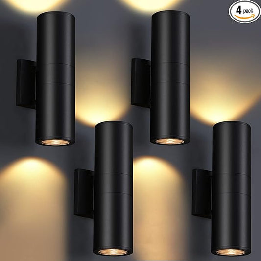 Outdoor Wall Lights 4Pack, Integrated LED Cylinder Up Down Lights, 12W 2700K Aluminum Exterior Wall Light, Outdoor Light Fixture for Porch Patio Door.(Matte Black)