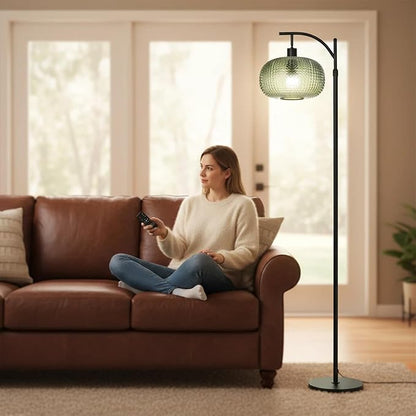 Floor Lamp for Living Room,Bedroom,Mid Century Modern Standing Lamp with Remote,Dimmable Brass Tall Lamp Dark Green Glass Lamp Vintage Retro Arc Floor Lamps Floor Light Boho Bohemian