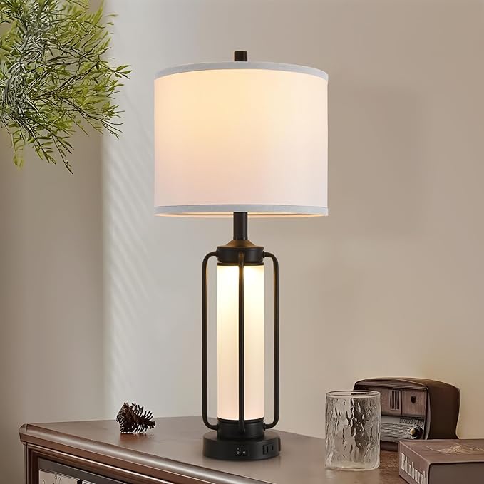 Terpsichore Farmhouse Lamps for Living Room Rustic Bedside Lamp Lamps Set of 2,Vintage Bedroom Nightstand Table Lamp Rocker Switch & USB A+C Ports & AC Outlet,Built-In Frosted Glass Night Light