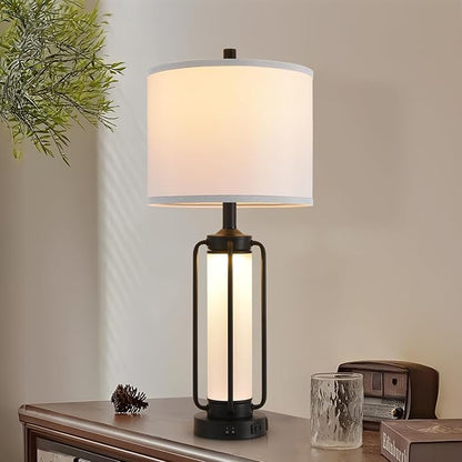 Terpsichore Farmhouse Lamps for Living Room Rustic Bedside Lamp Lamps Set of 2,Vintage Bedroom Nightstand Table Lamp Rocker Switch & USB A+C Ports & AC Outlet,Built-In Frosted Glass Night Light