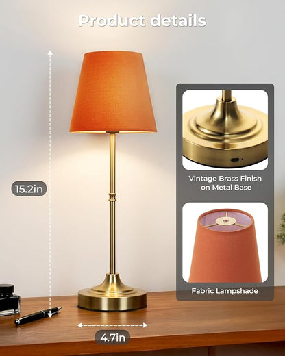 Gold Cordless Rechargeable Table Lamp, Touch LED Bedside Lamp, 5200mAh Battery Operated Lamp, 3 Shades + 3 Color Stepless Dimming, Portable Wireless Small Table Lamp for Bedroom,Kitchen