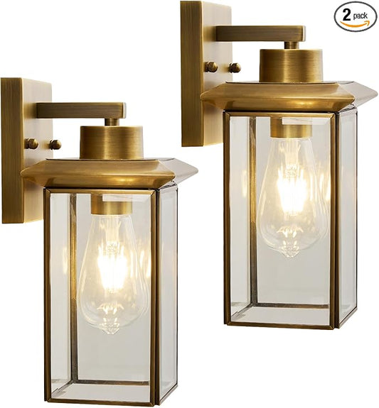 Brass Outdoor Wall Light Fixtures, Exterior Waterproof Lanterns, Porch Wall-Mounted Lights with E26 Socket and Glass Shade – Modern Rustproof Wall Sconces for Yard, Front Door & Entryway.2-Pack