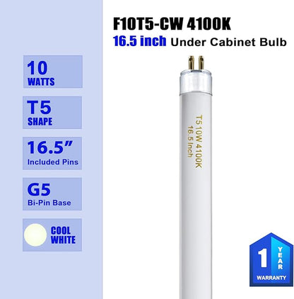 T5 10 Watt F10T5/CW Light Bulb 16" Under Cabinet Lights Cool White, T5 10W Fluorescent Bulb Compatible with Jasco,Philips, Sylvania Lighting Fixture, 900lm G5 Base, 4Pack