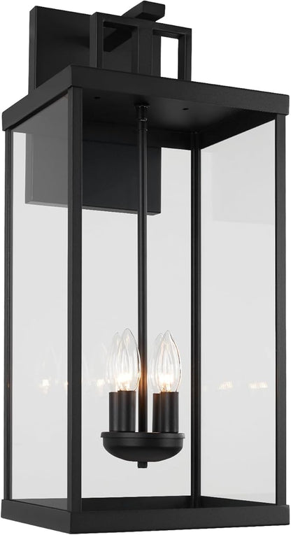 25'' Outdoor Wall Lantern, 4-Light Modern Large Exterior Wall Sconce Light Fixtures, Black Porch Light with Glass, Waterproof Outside Lighting for Patio Front Door Entryway
