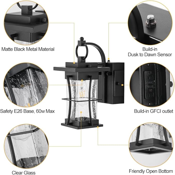 Outdoor Lighting Fixtures Wall Mount, 1-Light 15''H Dusk to Dawn Exterior Light for House Outdoor Wall Lantern with Clear Glass for Front Porch Patio Garage (15'' H with Outlet, 1 PC)