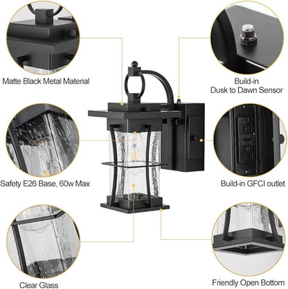 Outdoor Lighting Fixtures Wall Mount, 1-Light 15''H Dusk to Dawn Exterior Light for House Outdoor Wall Lantern with Clear Glass for Front Porch Patio Garage (15'' H with Outlet, 1 PC)