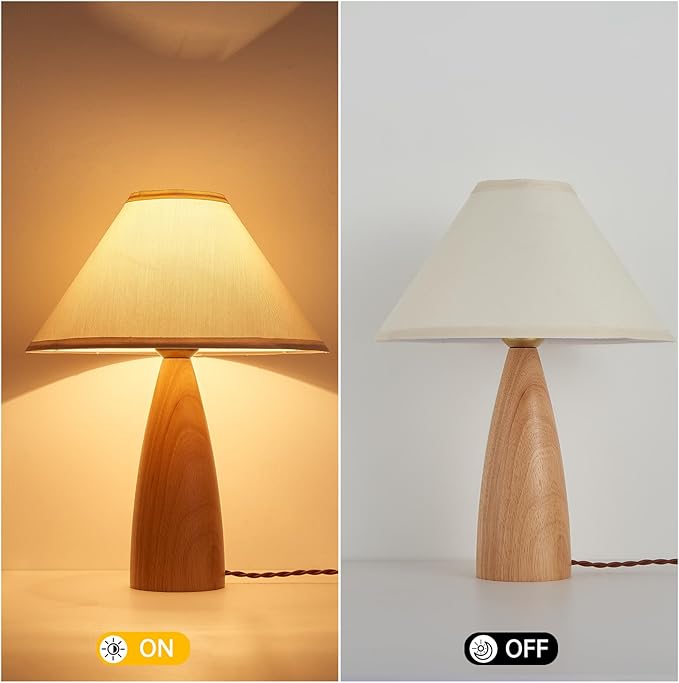 Bedside Table Lamp for Bedroom, Mid-Century Modern Plug in Fabric Shade & Solid Wood Base Desk Lamp, Plug & Play Yellow Wood Nightstand Lamp for Living Room, Office 【Bulb Included】