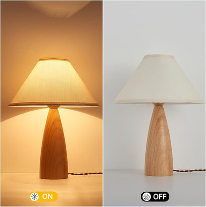 Bedside Table Lamp for Bedroom, Mid-Century Modern Plug in Fabric Shade & Solid Wood Base Desk Lamp, Plug & Play Yellow Wood Nightstand Lamp for Living Room, Office 【Bulb Included】