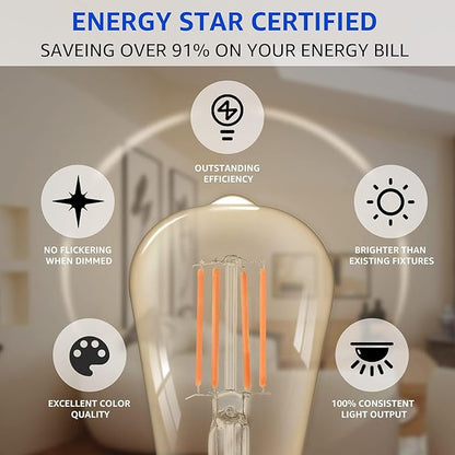 MASTERY MART 90 Pack Dimmable Vintage E26 LED Light Bulb, 2200K Warm White 5.5W (60 Watt Equivalent), Glass ST21 Antique Edison Style, 500LM, Decorative Filament Bulb, UL and Energy Star