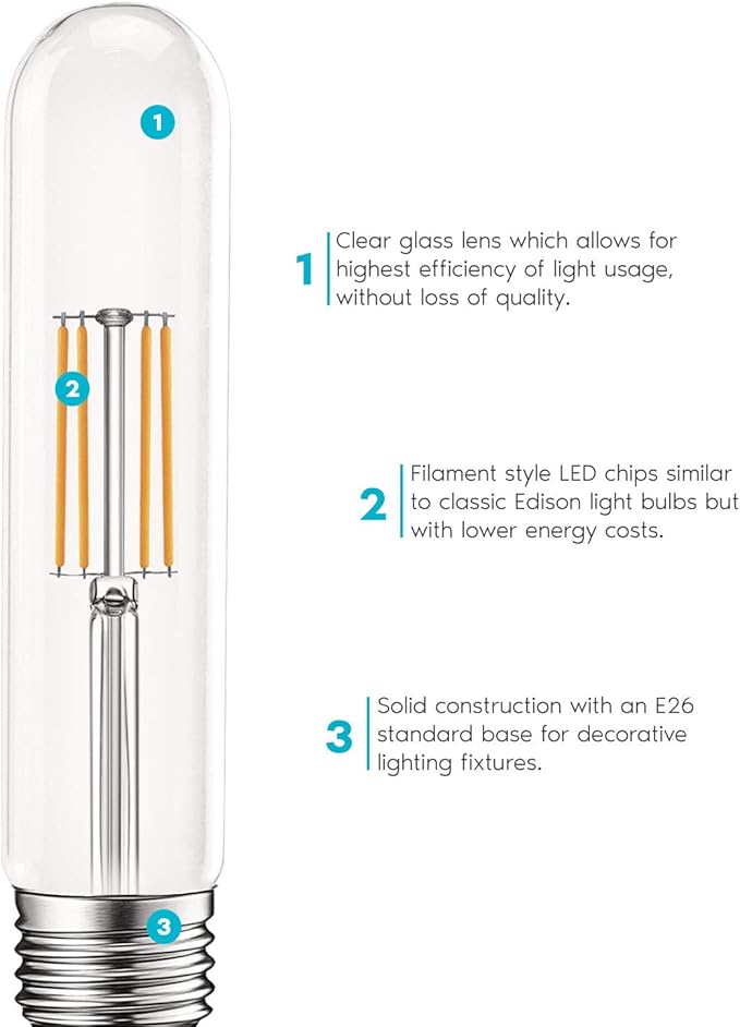 LUXRITE Vintage T9 LED Tube Light Bulbs 60W Equivalent, 2700K Warm White, 550 Lumens, Dimmable Edison Tubular Light Bulbs 5W, Clear Glass, LED Filament Bulb, UL Listed, E26 Standard Base (6 Pack)