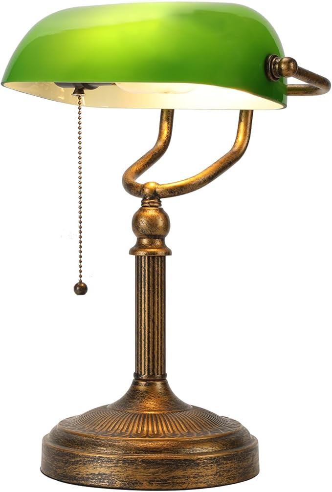 NISSAFORS Bankers Desk Lamp, Green Glass Shade, Vintage Desk Lamp with Pull Chain Switch, Retro Table Lamps for Home Office (Retro Gold+Green, Large)