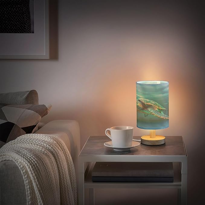 Bedside Lamp Turtle Teal Underwater Table Lamp for Bedroom LED Nightstand Lamp Shade USB Ports Wood Base for Living Room Dorm Office