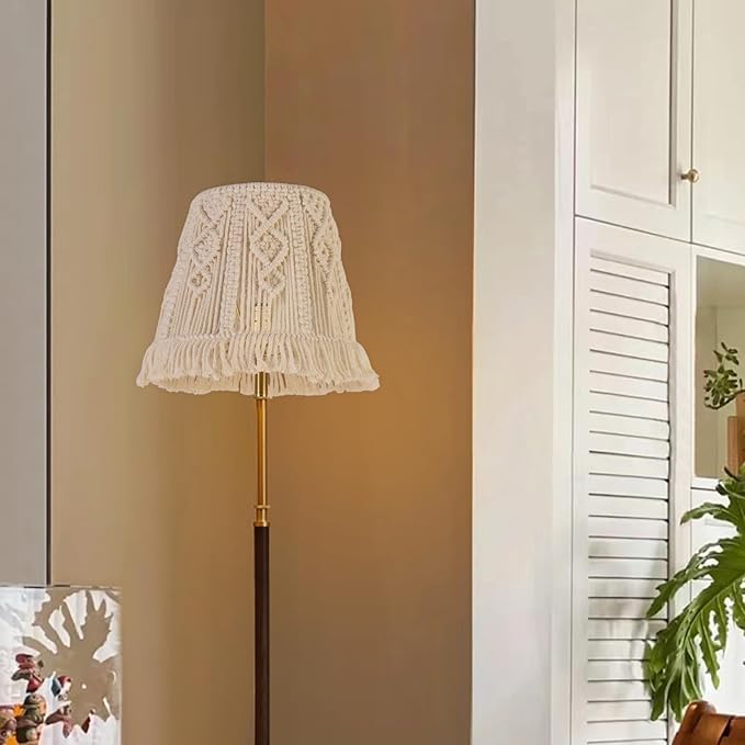 White-Ivory Boho Woven Lamp Shade Bell Tassels Lampshade 7.5``Top x 12``Bottom x 11``High(Spider) Medium Handmade Lamp Shades for Table & Bedside Lamp - Easy Assemble