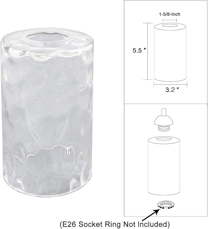 3 Pack Clear Water Ripple Glass Shade, Cylinder Light Fixture Replacement Globe or Cover with 1-5/8-Inch Fitter for Chandelier Wall Sconce Pendant Light, G0029