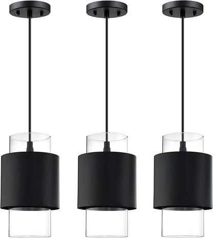 1 Light 3 Pack Hanging Indoor Kitchen Island Pendant Light 6" Drum Glass Shade Pendant Ceiling Light Fixtures Modern Farmhouse Dinning Over Sink (Black Finish)