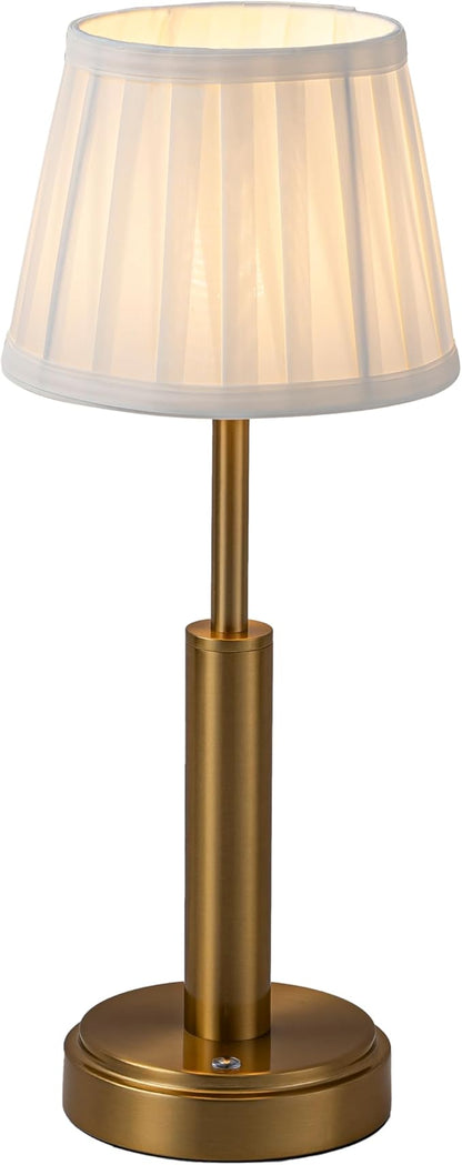 16'' Vintage Fabric Shade Rechargeable LED Table Lamp Touch Control Cordless USB Nightstand Lamp in Antique Brass with Stepless Dimming for Bedroom Dorm Living Room